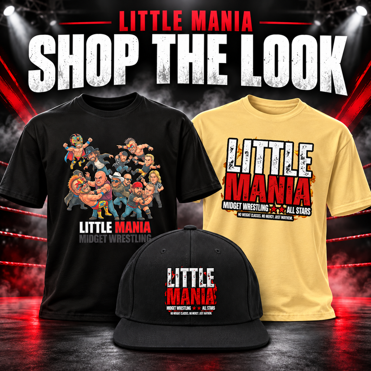 Little Mania merchandise — shirts and snapback hat